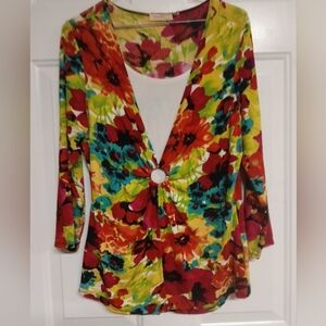 🦄Choices Multicolor Floral Women's Top PM 22" Pit Stretches Ring Twist Front
